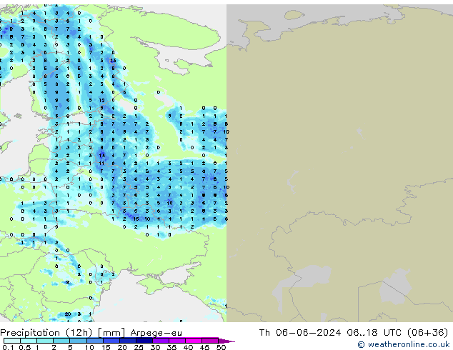 осадки (12h) Arpege-eu чт 06.06.2024 18 UTC