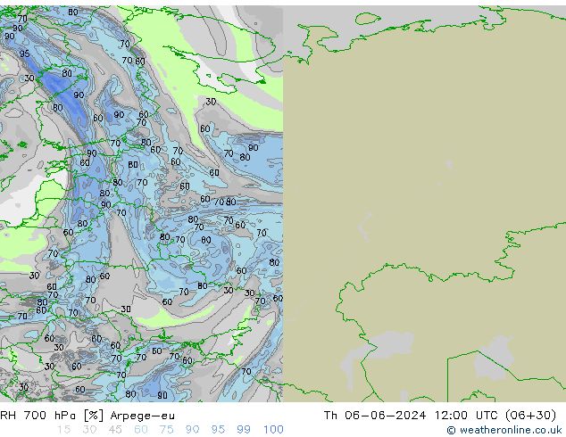 RH 700 hPa Arpege-eu gio 06.06.2024 12 UTC