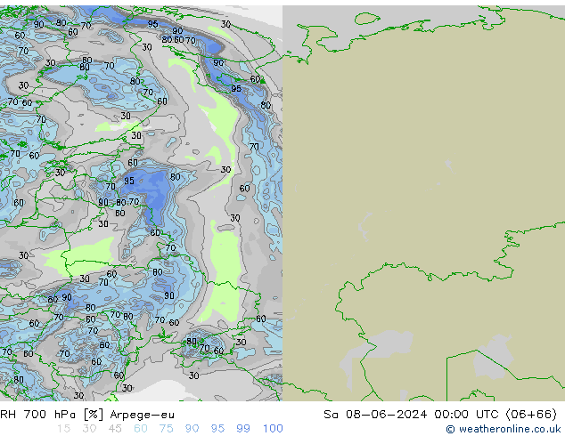 Humidité rel. 700 hPa Arpege-eu sam 08.06.2024 00 UTC