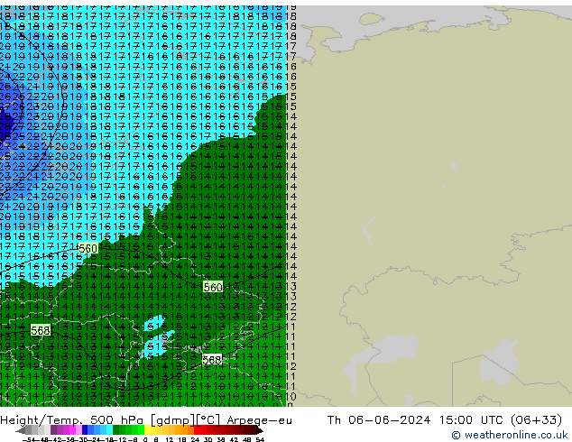 Height/Temp. 500 гПа Arpege-eu чт 06.06.2024 15 UTC