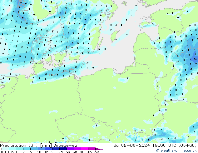 Precipitazione (6h) Arpege-eu sab 08.06.2024 00 UTC