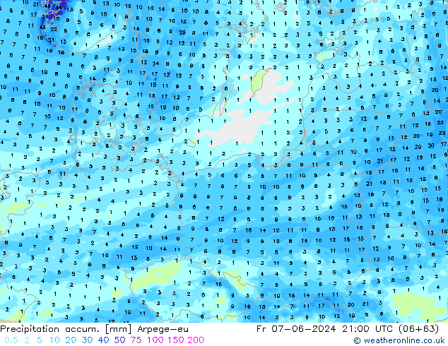 Precipitación acum. Arpege-eu vie 07.06.2024 21 UTC