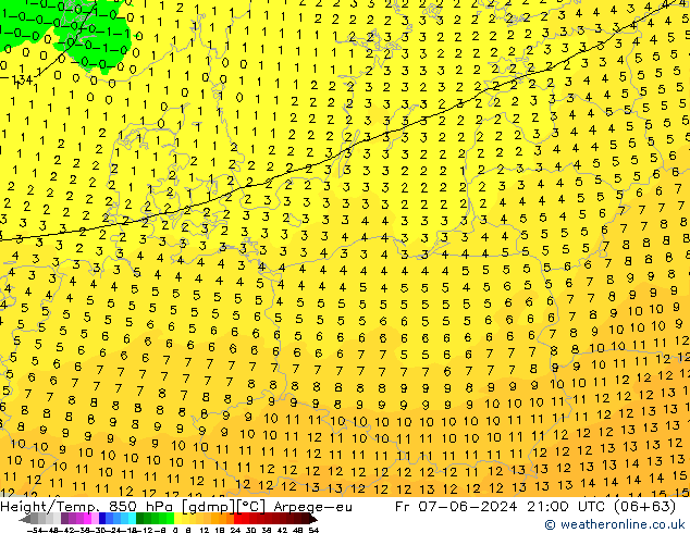 Height/Temp. 850 hPa Arpege-eu ven 07.06.2024 21 UTC