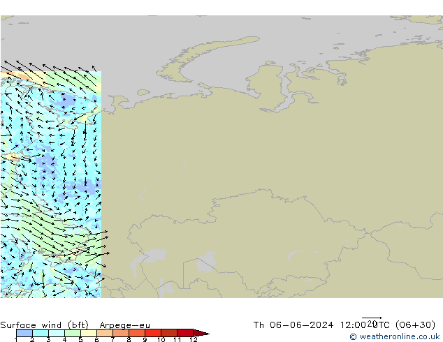 Vento 10 m (bft) Arpege-eu gio 06.06.2024 12 UTC