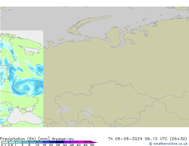 Totale neerslag (6h) Arpege-eu do 06.06.2024 12 UTC