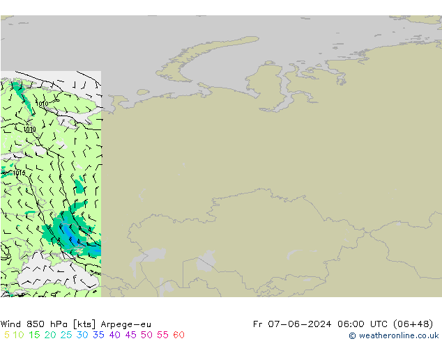 Wind 850 hPa Arpege-eu Fr 07.06.2024 06 UTC