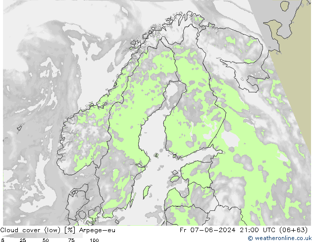 Cloud cover (low) Arpege-eu Fr 07.06.2024 21 UTC