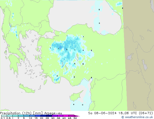 Totale neerslag (12h) Arpege-eu za 08.06.2024 06 UTC