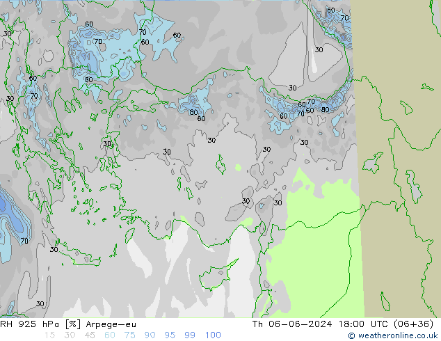 Humedad rel. 925hPa Arpege-eu jue 06.06.2024 18 UTC