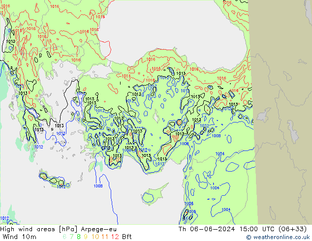 High wind areas Arpege-eu Th 06.06.2024 15 UTC