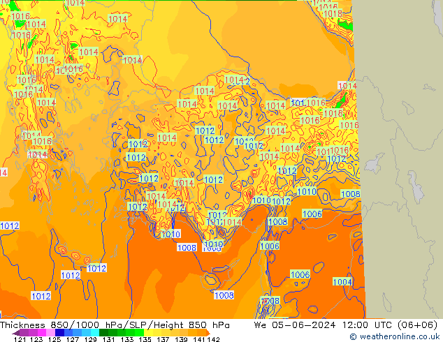 Thck 850-1000 гПа Arpege-eu ср 05.06.2024 12 UTC