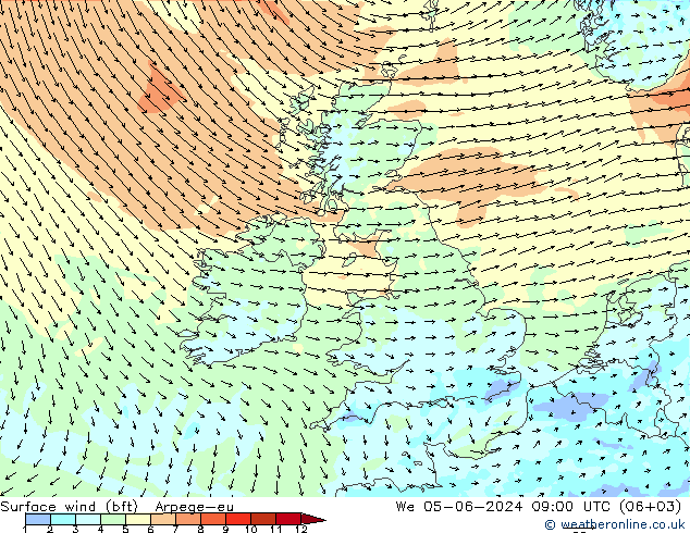 ве�Bе�@ 10 m (bft) Arpege-eu ср 05.06.2024 09 UTC