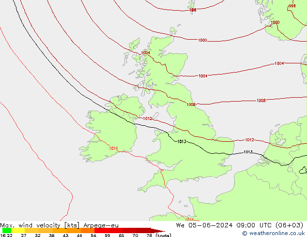 Max. wind velocity Arpege-eu mer 05.06.2024 09 UTC