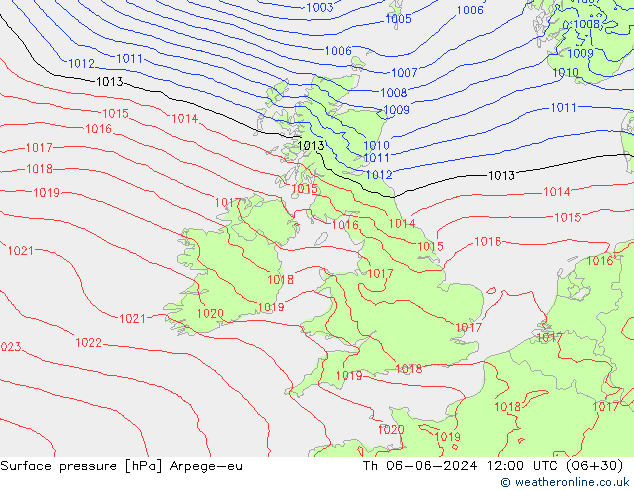 Surface pressure Arpege-eu Th 06.06.2024 12 UTC