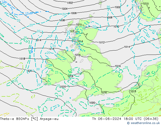 Theta-e 850hPa Arpege-eu Do 06.06.2024 18 UTC