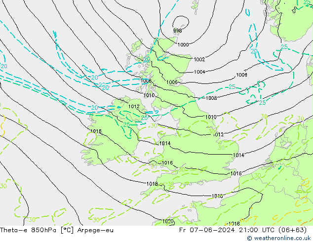 Theta-e 850hPa Arpege-eu ven 07.06.2024 21 UTC