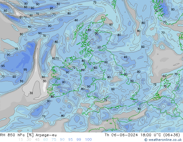 RH 850 hPa Arpege-eu Th 06.06.2024 18 UTC