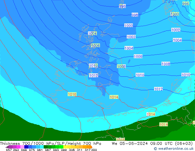 Thck 700-1000 hPa Arpege-eu We 05.06.2024 09 UTC