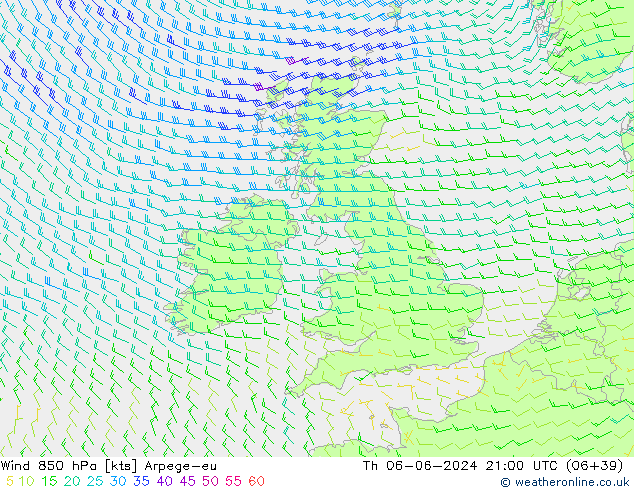 Wind 850 hPa Arpege-eu Th 06.06.2024 21 UTC