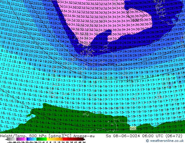 Hoogte/Temp. 500 hPa Arpege-eu za 08.06.2024 06 UTC