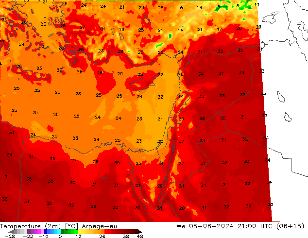 Sıcaklık Haritası (2m) Arpege-eu Çar 05.06.2024 21 UTC