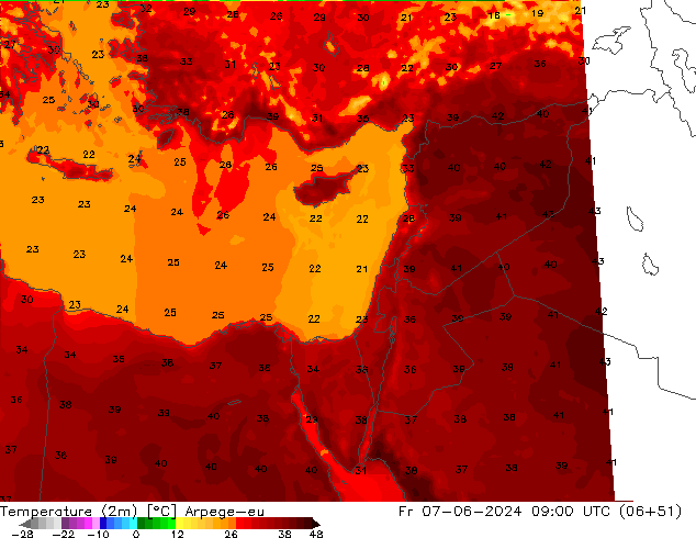 Temperatura (2m) Arpege-eu vie 07.06.2024 09 UTC