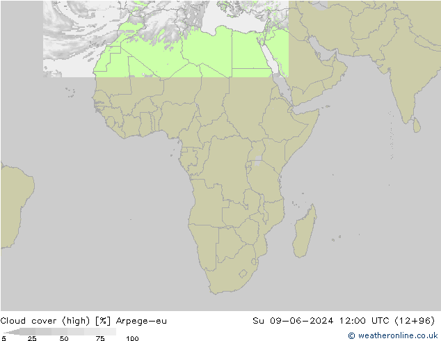 Cloud cover (high) Arpege-eu Su 09.06.2024 12 UTC