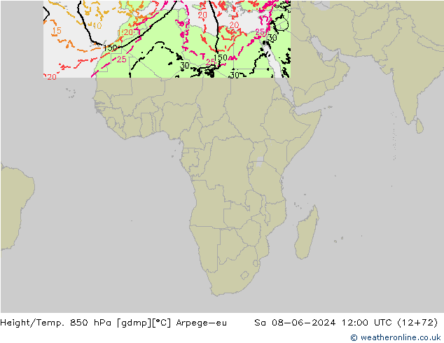 Hoogte/Temp. 850 hPa Arpege-eu za 08.06.2024 12 UTC