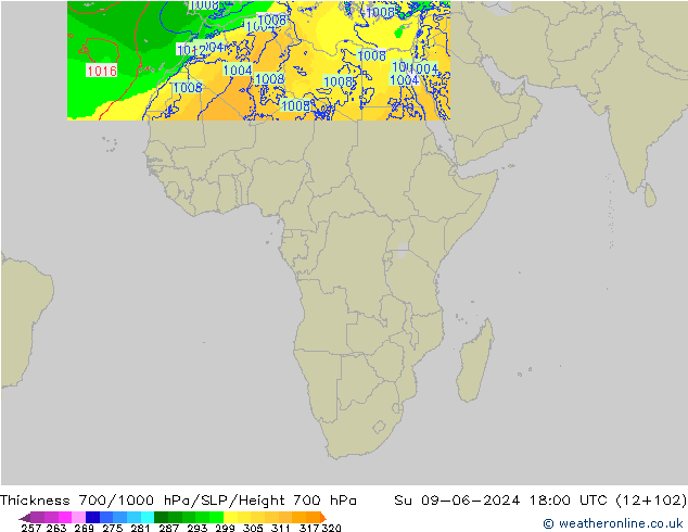 Espesor 700-1000 hPa Arpege-eu dom 09.06.2024 18 UTC