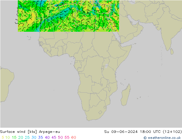Surface wind Arpege-eu Su 09.06.2024 18 UTC