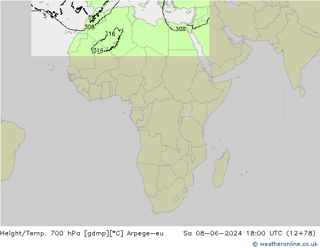 Height/Temp. 700 hPa Arpege-eu Sáb 08.06.2024 18 UTC