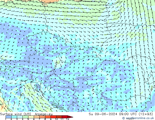 Surface wind (bft) Arpege-eu Su 09.06.2024 09 UTC