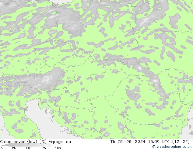 Cloud cover (low) Arpege-eu Th 06.06.2024 15 UTC