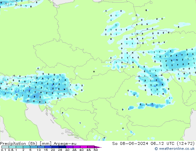 Totale neerslag (6h) Arpege-eu za 08.06.2024 12 UTC