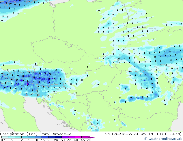 Precipitación (12h) Arpege-eu sáb 08.06.2024 18 UTC