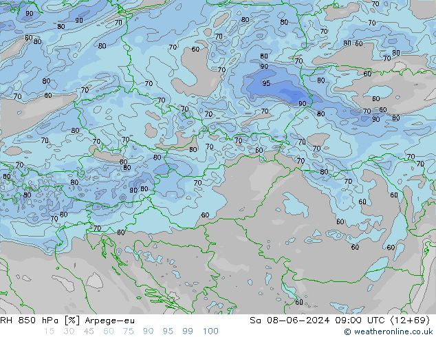 Humedad rel. 850hPa Arpege-eu sáb 08.06.2024 09 UTC