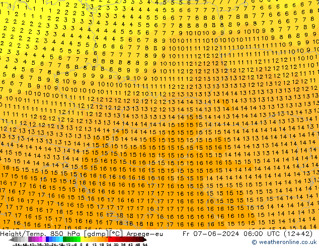 Géop./Temp. 850 hPa Arpege-eu ven 07.06.2024 06 UTC