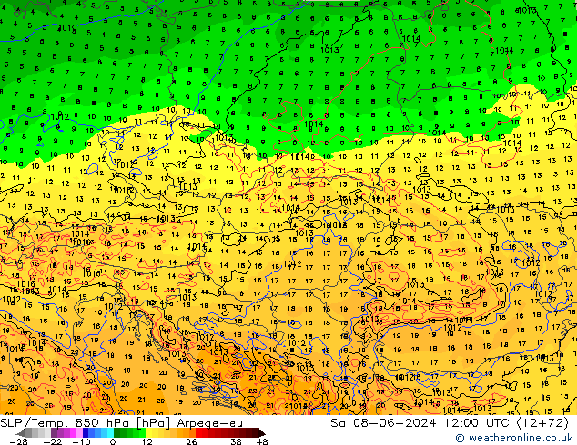 SLP/Temp. 850 hPa Arpege-eu So 08.06.2024 12 UTC