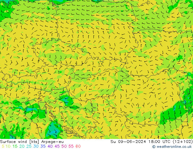 Vento 10 m Arpege-eu Dom 09.06.2024 18 UTC