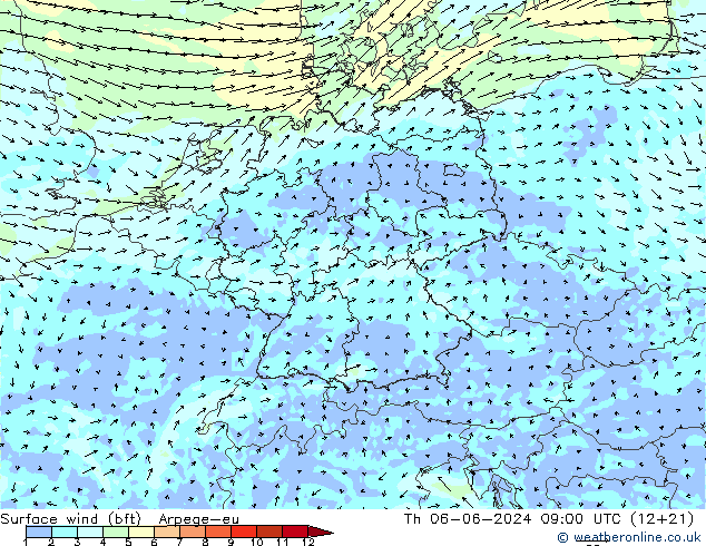 Vento 10 m (bft) Arpege-eu Qui 06.06.2024 09 UTC
