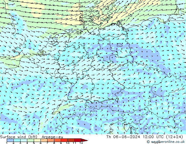 Vento 10 m (bft) Arpege-eu Qui 06.06.2024 12 UTC