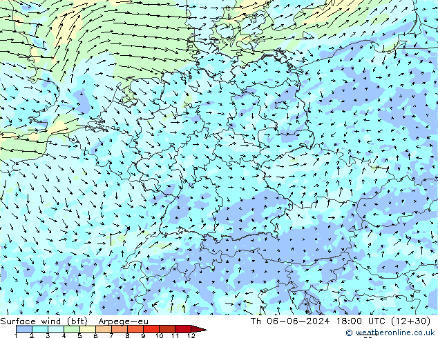 Vent 10 m (bft) Arpege-eu jeu 06.06.2024 18 UTC