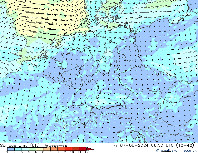 Surface wind (bft) Arpege-eu Fr 07.06.2024 06 UTC