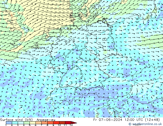 Surface wind (bft) Arpege-eu Fr 07.06.2024 12 UTC