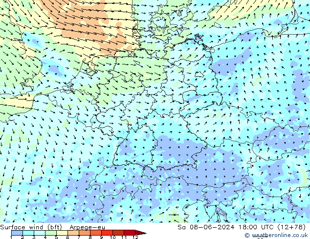 wiatr 10 m (bft) Arpege-eu so. 08.06.2024 18 UTC