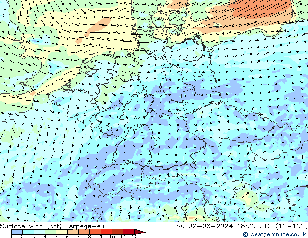 Wind 10 m (bft) Arpege-eu zo 09.06.2024 18 UTC