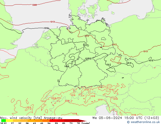 Max. wind velocity Arpege-eu We 05.06.2024 15 UTC