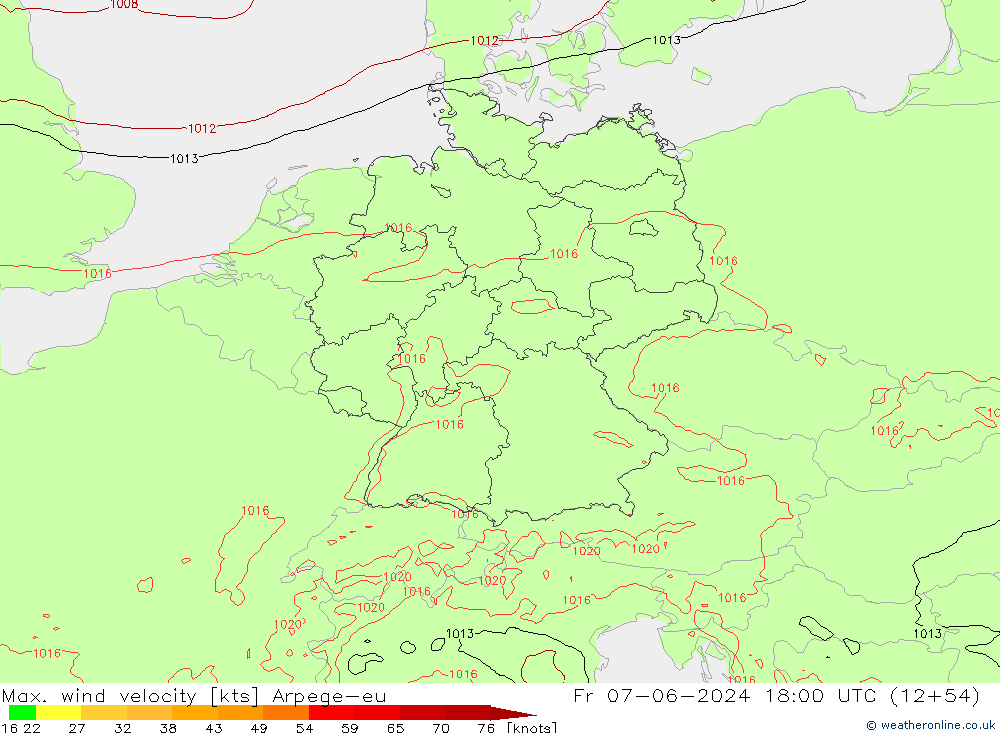 Max. wind velocity Arpege-eu Fr 07.06.2024 18 UTC