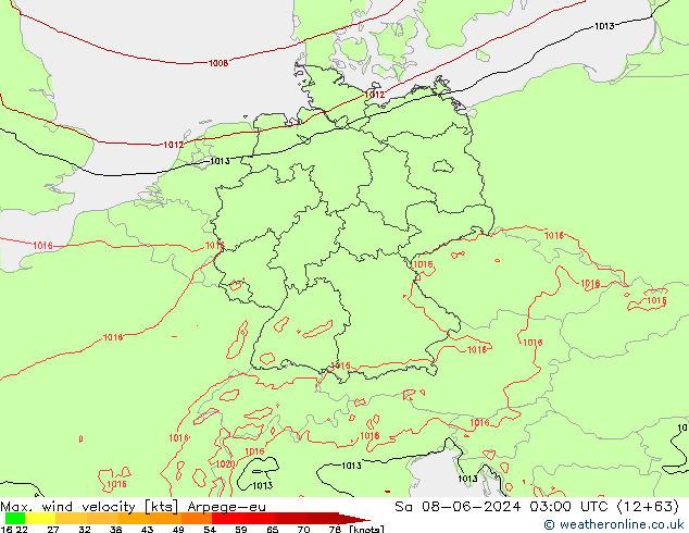 Max. wind velocity Arpege-eu Sa 08.06.2024 03 UTC