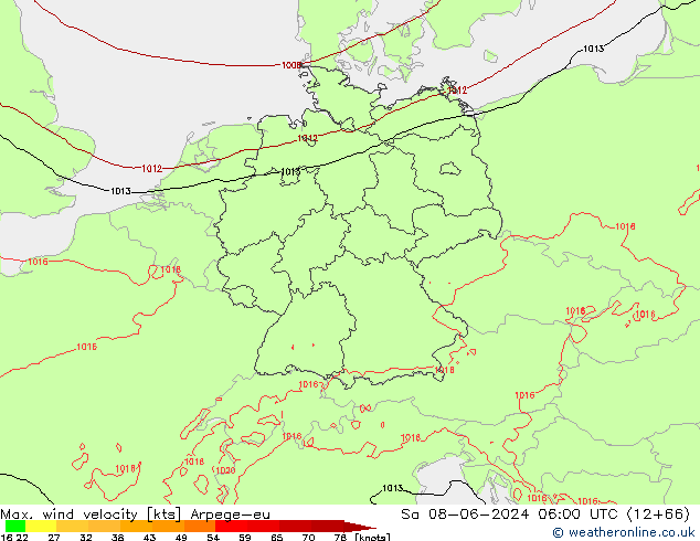 Max. wind velocity Arpege-eu Sa 08.06.2024 06 UTC